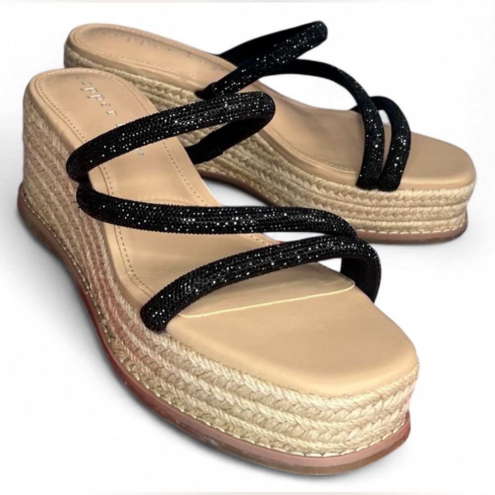 🎉✨ NWT Copper Key Black Sparkling Glitter Slip On Espadrille Platform Wedges 6.5